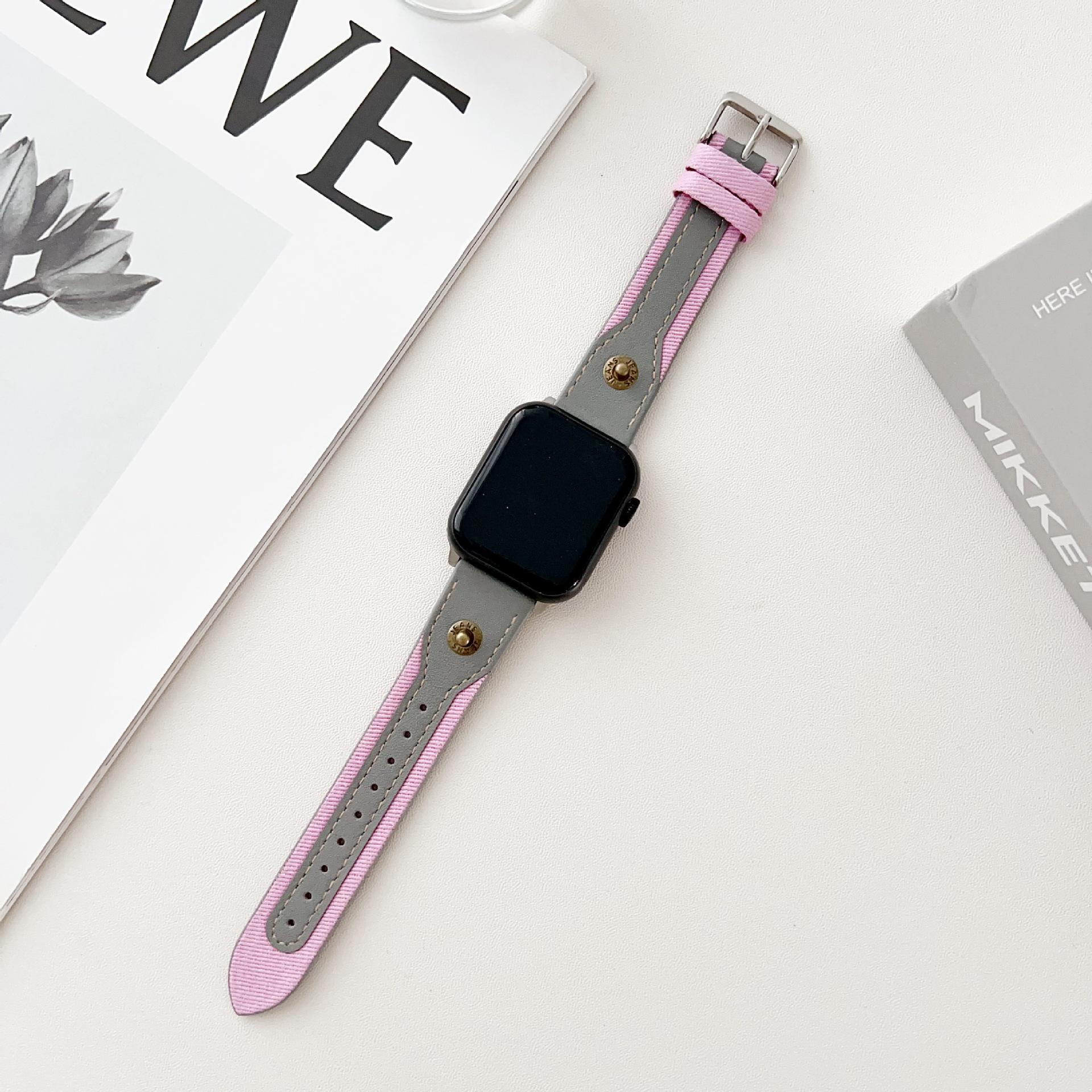 

Compatible with Apple Watch Series iWatch 9-5, Color Block Patchwork Adjustable Leather Strap. 42mm/44mm/45mm/49mm рожевий