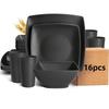 Temu Bestseller 16PCS Black Wheat Straw Tableware Set - Square Plates, Bowls, and Cups, Drop-Proof Design