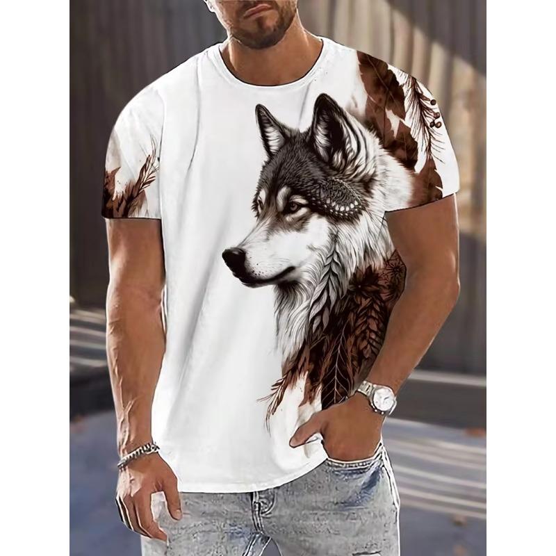 Men's T-shirt Wolf Print Casual Streetwear Fashion Short-sleeved Pullover Summer Outdoor Sports Top Tee Oversized Clothing