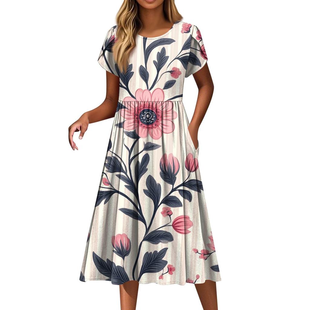 Dámské módní ležérní šaty s volným potiskem s kulatým výstřihem a kapsou s krátkým rukávem