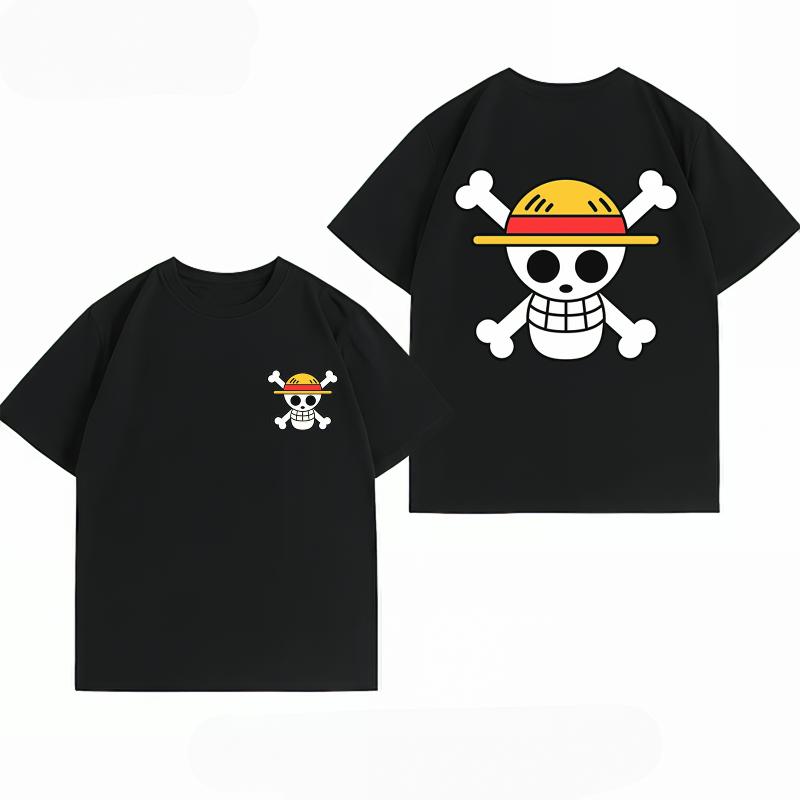 Bandai One Piece Luffy Straw Hat Pirate Flag Print T-shirt Casual Short Sleeve Cotton Anime Streetwear Men's T-shirt