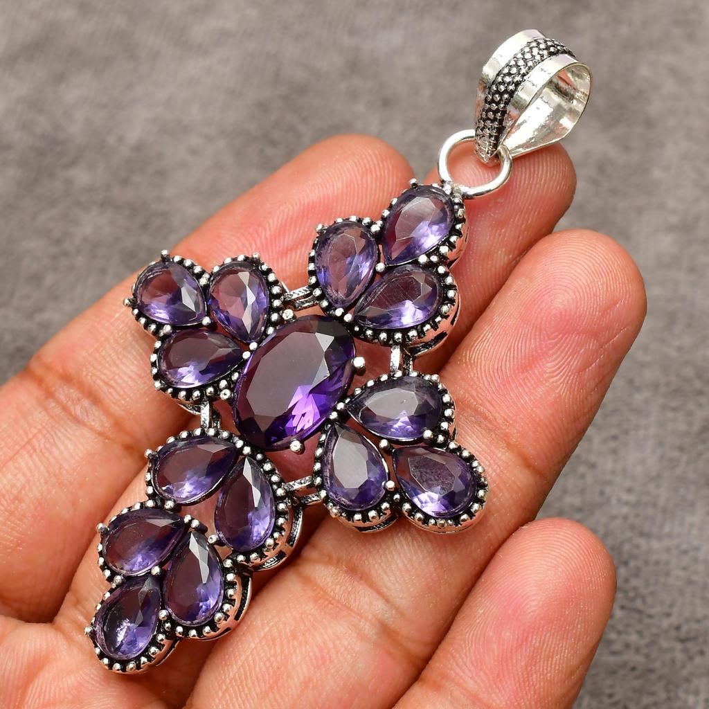 Awesome Amethyst Cross Shape Gemstone Pendant: 925 Sterling Silver Handmade Pendant Necklace Jewelry