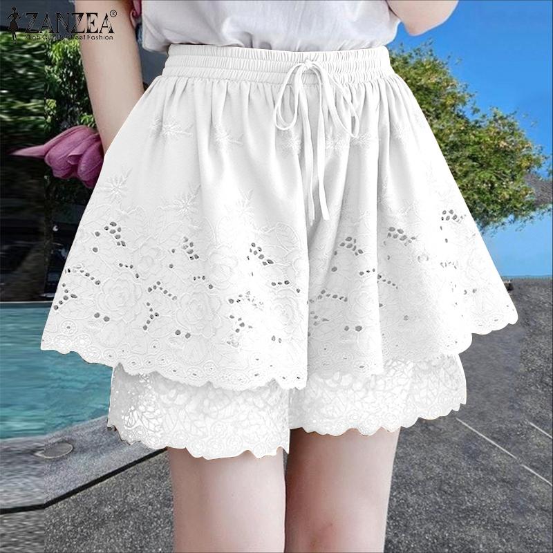 ZANZEA Damen Lässige Stickerei Häkel Patchwork Sommer Kurze Hosen