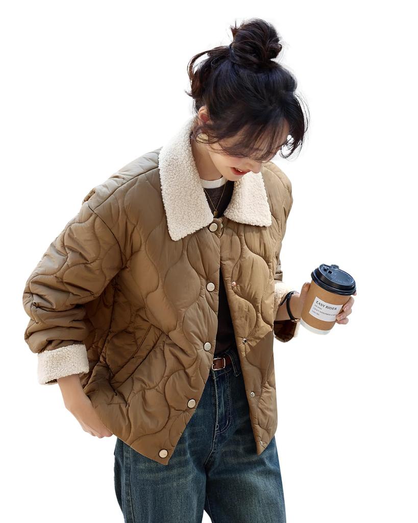 MOHO&MO Quilted Padded Jacket for Women, Faux-Shearling Collar, Lightweight Windproof, Size S