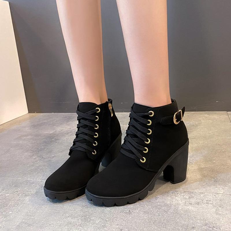 Large size spring and autumn new thick heel high heel Martin boots women's strap belt buckle ankle short boots