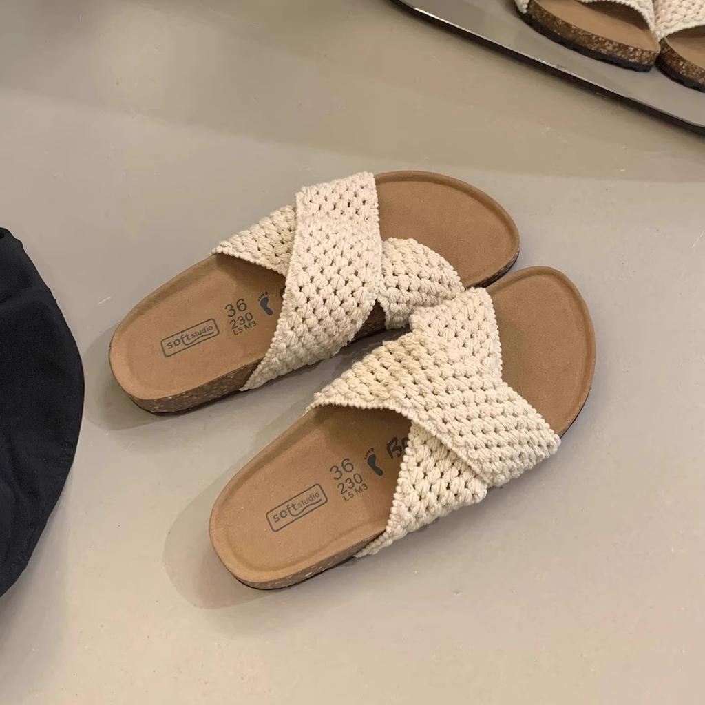 Retro Woven White Thick-soled One-word Slippers Women's Summer Wear 2025 New Models with Skirts To Increase Height and Cool Slippers