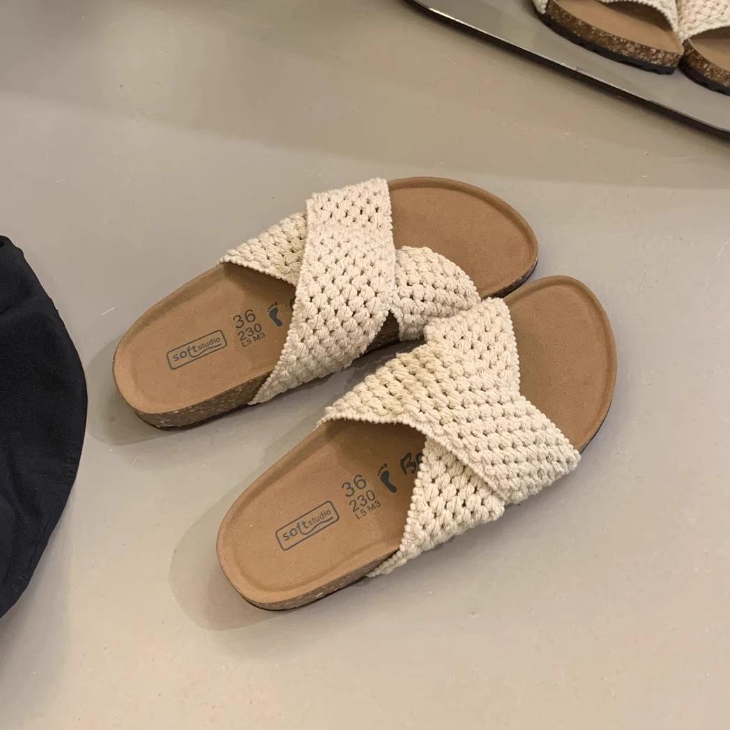 Woven white thick-soled one-word slippers women s outer wear with skirt heightening cool slippers 35