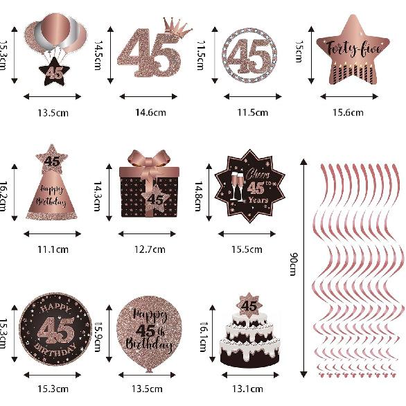 Happy 45th Birthday Hanging Swirls Streams Ceiling Decorations, Celebration 45 Foil Hanging Swirls with Cutouts for 45 Years Old Rose Gold Birthday