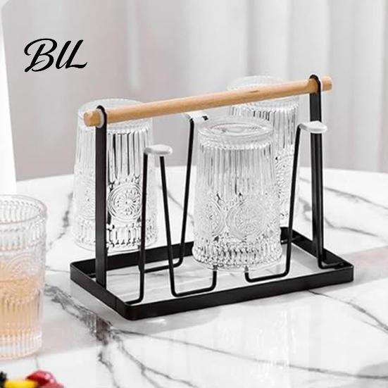Space-saving Cup Rack Iron Drying with Wood Handle & Drip Tray Baby Bottle Hygienic Dryer Holder Space-Saving Countertop Organizer for Mugs