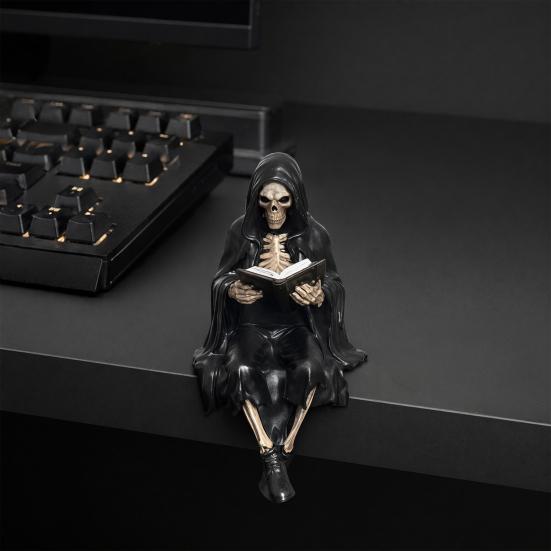 Yousheng Halloween Reading Book Skeleton Figurine, Spooky Reading Devil Resin Sculpture, Gothic Black Robe Grim Reaper Statue for Home