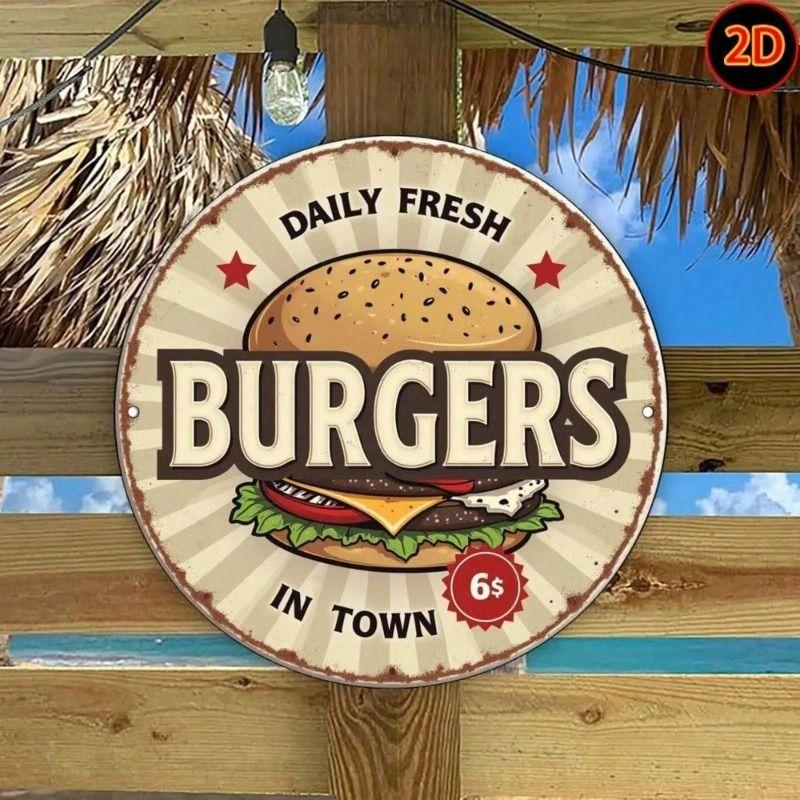 Vintage Burger Town Round Metal Sign, Retro Aluminum Poster for Kitchen Wall Decor 20cm