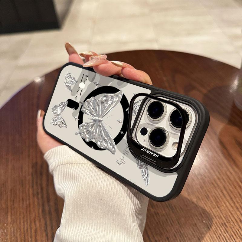 Silver Butterfly Acrylic Hard Shell For iPhone16 16pro 15ProMax 11 12 13pro 14Plus Multi Functional Lens Phone Holder Phone Case
