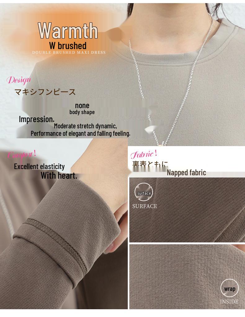 Autumn-Winter Japanese Style Brushed Wool Round Neck Long Sleeve Slimming Warm Dress for Women