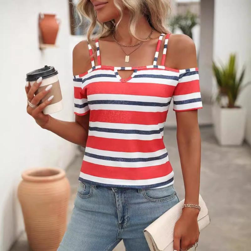 New Spring and Summer Women's Fashion Vacation Casual Halter Off-the-shoulder Short-sleeved T-shirt