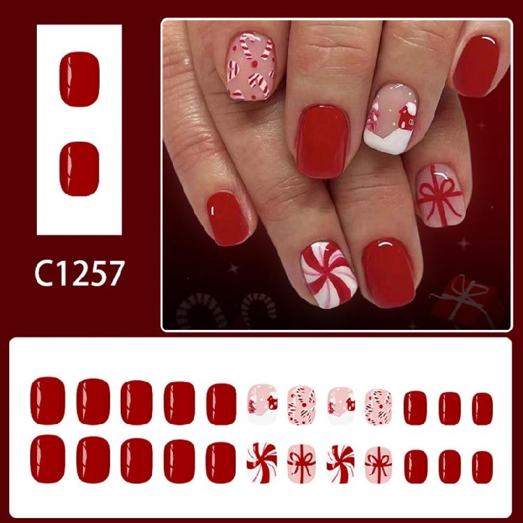 Holiday Party Press On Nail 24PCS Snowflake Candy Cane Designs Lightweight ABS False Nail Christmas Design Easy Apply