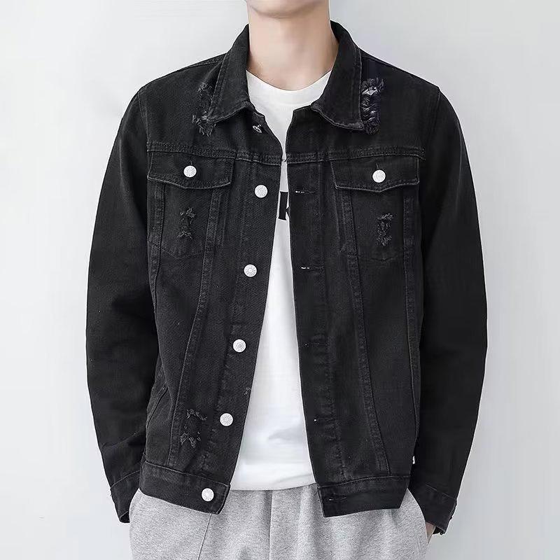 Męska Modna Czarna Kurtka Robocza z Denimu - Wiosna/Jesień Moda, Luźny Krój, Styl Koreański