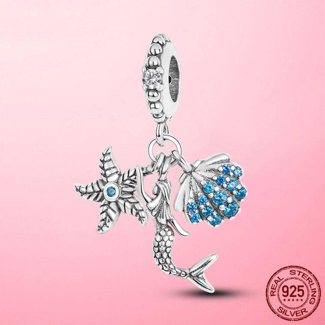 Mermaid Dangle Charm 925 Sterling Silver Blue Enamel Mermaid Tail Starfish Charm Beads Fit Fashion Bracelet Silver Beads Jewelry