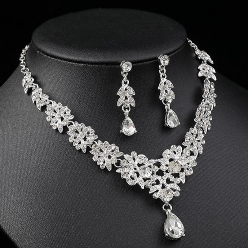 GemChic Women's New Exquisite Alloy Hollow Flowers Crystal Zircon Drops Pendant Necklace Earrings Two Piece Set Birthday Christmas Jewelry Gift