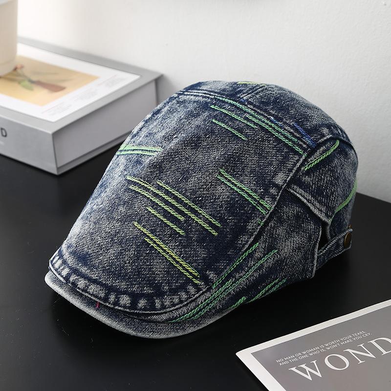 New Spring And Autumn Line Embroidery Denim Forward Hat Hat Men'S And Women'S Fashion Short Brim Sunshade Newsboy Cap Gorras