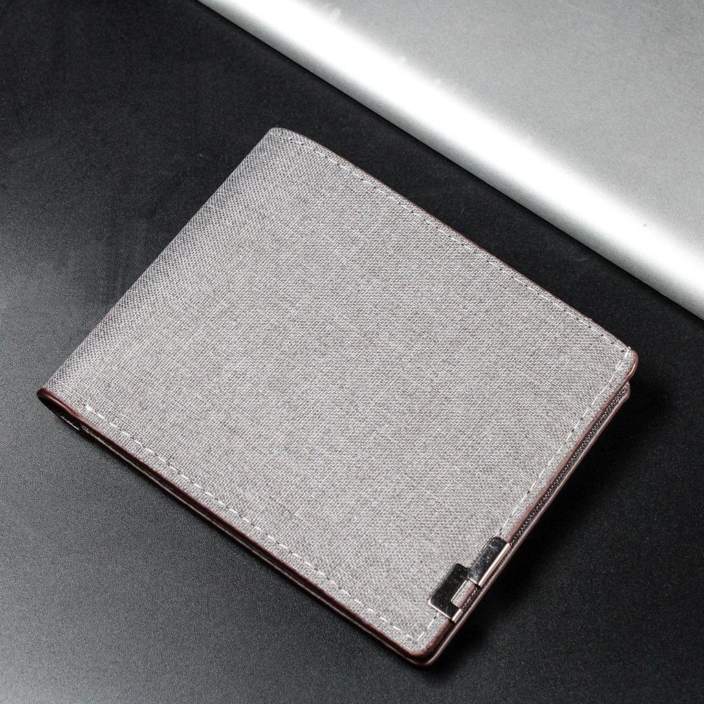 Men's Classic PU Wallet with Photo Frame, Bill Compartment & Card Slots - Short Horizontal Denim Texture