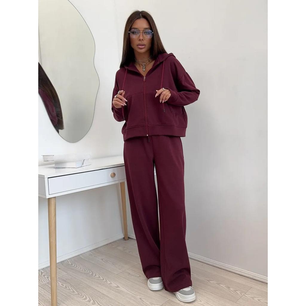 Sports Suit Long Sleeved Zipper Cardigan Hooded Sweatshirt with Zip Ties Long Pants Two-piece Cotton Set