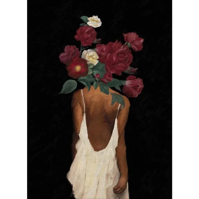Elegant African American Woman with Floral Head Poster  Sexy Black Girl Canvas Painting Wall Art for Living Room Home Decor Mura