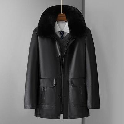 Men's Turn Fur Collar Medium and Long Plush Thickened Take-off Liner Middle-aged and Elderly Leather Jacket