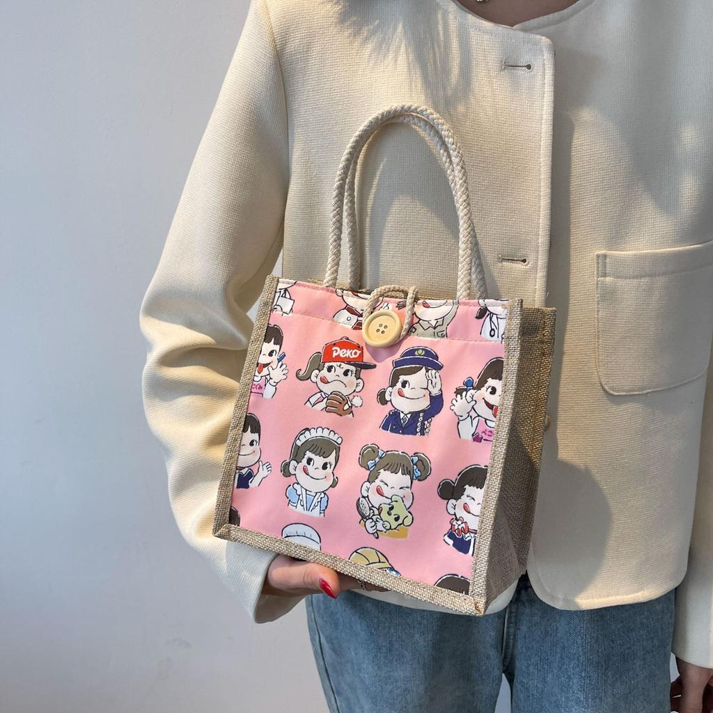 Cartoon Lunch Box Bag for Women Linen Tote Bag for Going Out Durable Makeup Storage Bag for Summer Hand-carrying Canvas Shopping Bag