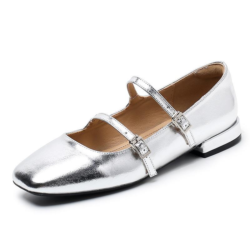 High heels silver single shoes women's leather flat heel Mary Jane ballet gentle small silver shoes low heel