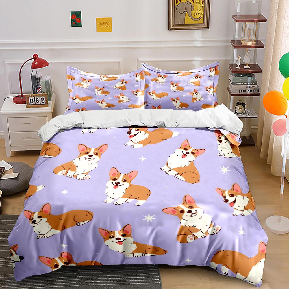 Cartoon corgi pattern purple background Print Bedding Set 1 Duvet Cover 2 Pillowcases for Adult Children Luxury Gift Full Size