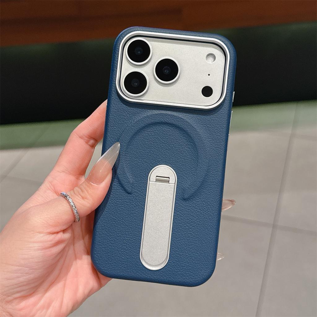 Stand Holder Magnetic Leather Phone Case for IPhone 17 16 15 14 13 17Pro Max for Magsafe Wireless Charge Shockproof Cover