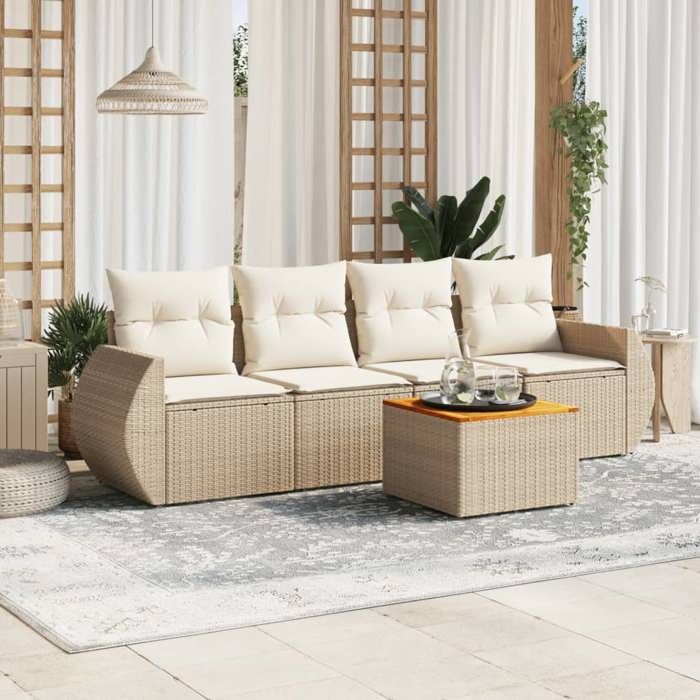 VidaXL Salon de Jardin avec Coussins 5 pcs, Canapés de Terrasse, Ensemble de Meubles de Patio, Mobilier d'Extérieur, Beige 3257213