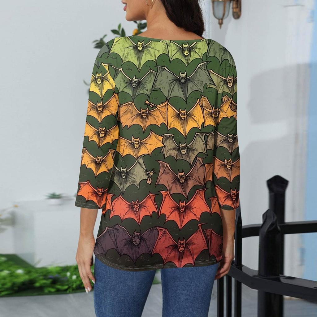 Women's Fashion Casual Round Neck 3/4 Sleeve Loose Printed T-Shirt Ladies Top