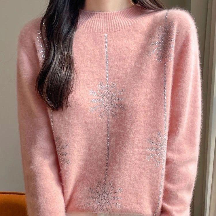 Women Sweater Christmas Style Half High Collar Long Sleeve Autumn Winter Thick Warm Pullovers Knitted Loose Bottoming Shirts Red Jumper