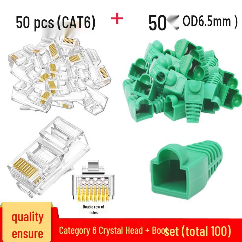 RJ45 Boot 50-Piece Set: Gold-Plated CAT6 Crystal Head & Network Cable Rubber Boots - 100 Pieces Total