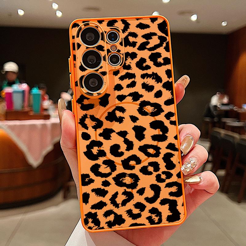 

Black Leopard Print Case For Samsung Galaxy S26 Ultra S25 Edge S24 Plus S23 FE S22 A54 A55 A56 5G Magnetic For Magsafe Matte Cover Samsung A54 5G помаранчевий