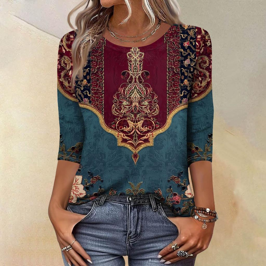 Trendy Vintage 3/4 Sleeve Top For Women,Ladies Casual Three Quarter Sleeve Round Collar Printed T-Shirt Blouse