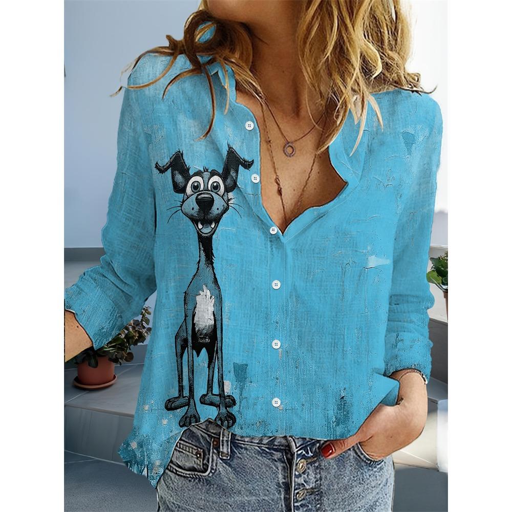 New Women's Shirts Bird Print Long Sleeve Shirt Loose Casual Fashion Shirt Large Size Women's Lapel Temperament Shirt