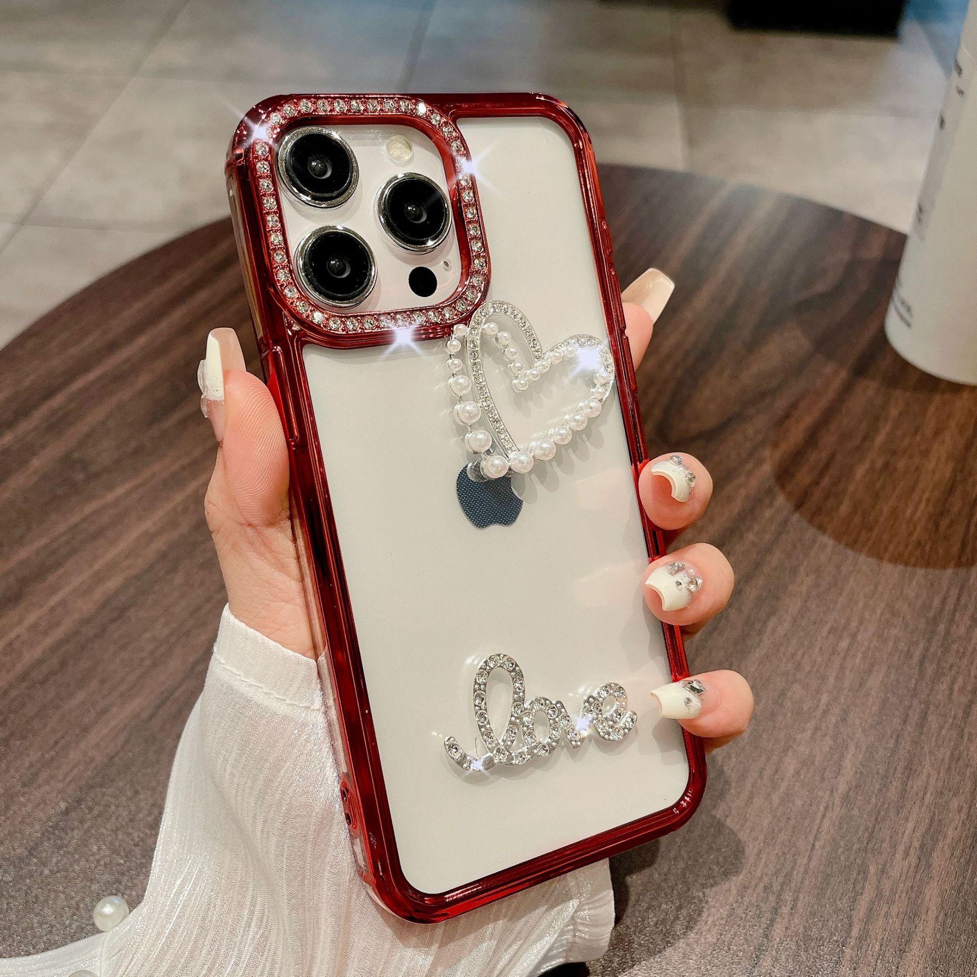 

Подходит для iPhone15Promax Чехол для телефона, гальванизированная линза, инкрустированное бриллиантами Apple 14 Высококачественное DIY Креативное Сердце Apple 11Promax красный