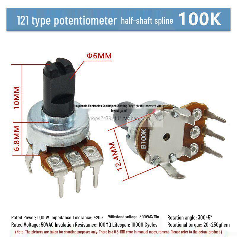Type 121 Single Gang Rotary Volume Potentiometer with D-Type Knurled Half-Shaft, B10K/B50K/B100K, Vertical 3-Pin Through-Hole.