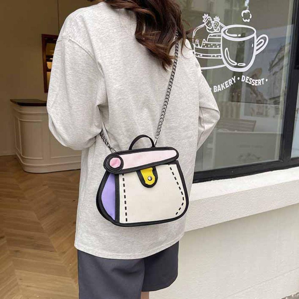 Cartoon Chain Shoulder Bag Canvas Line Painting Messenger Bag Comic Crossbody Bag  Students