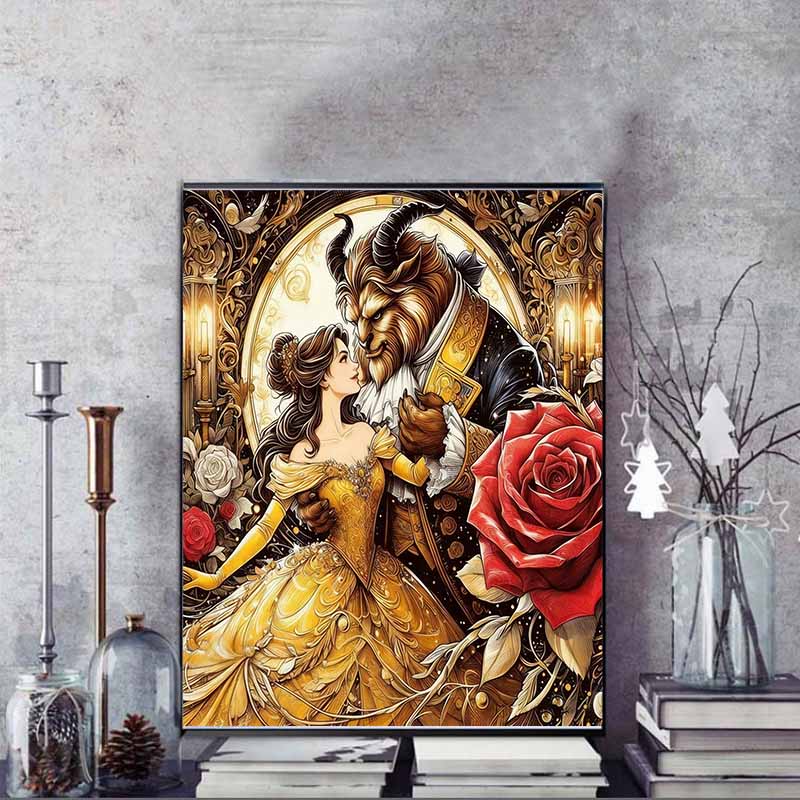 Disney 5D DIY Diamond Painting, Beauty and The Beast Art Illustration Full Round Diamond Mosaic Cartoon Cross Stitch Art Painting Home Decoration