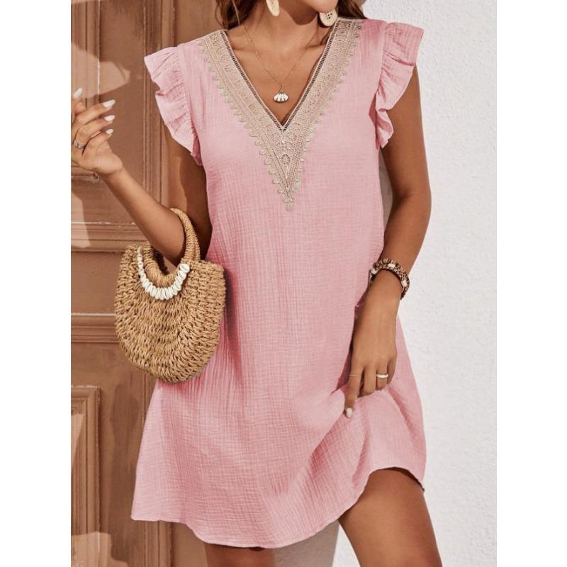 

Женское летнее повседневное кружевное платье с V-образным вырезом и рукавами в виде листьев лотоса S