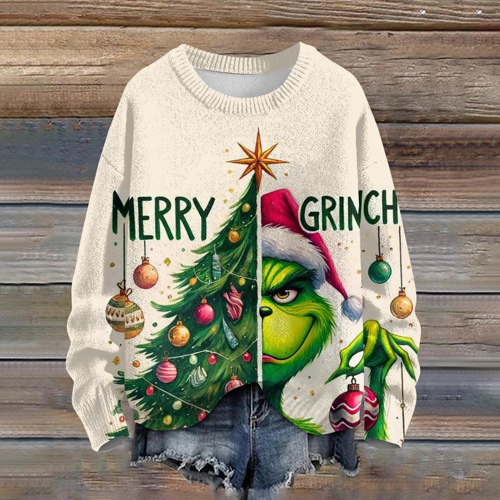 Ladies' Fashionable Casual Long Sleeved Christmas Cute Printed Round Neck Knitted Yarn
