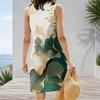 Women Plus Size Sleeveless V Neck Tank Dress Teal Blue Gold Marble Print