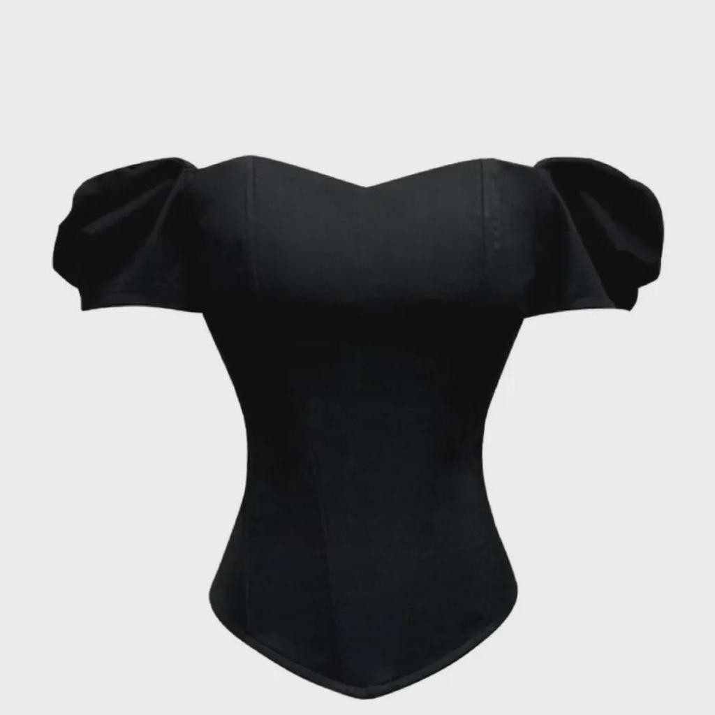 European & American Street Style Off-Shoulder Short Sleeve Bustier Top with Fishbone Corset and Padded Bandeau for Women