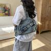 Vintage Washed Denim Crossbody Bag Women Streetwear Chic Shoulder With Rivets Large Capacity Adjustable Strap