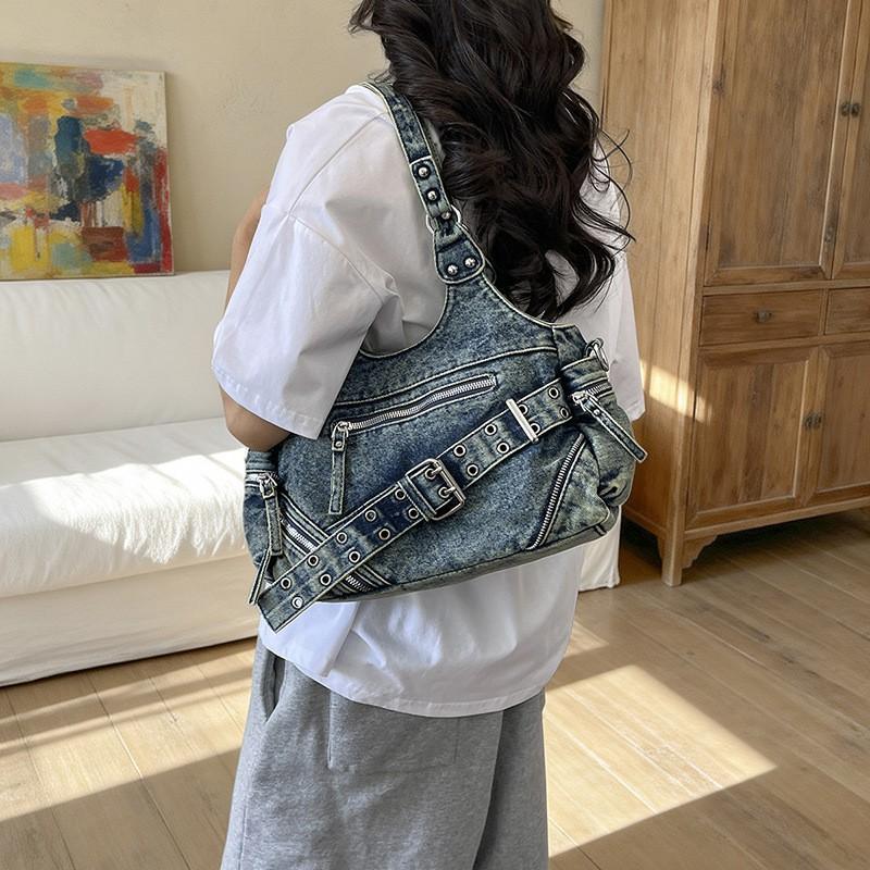 Vintage Washed Denim Crossbody Bag Women Streetwear Chic Shoulder With Rivets Large Capacity Adjustable Strap