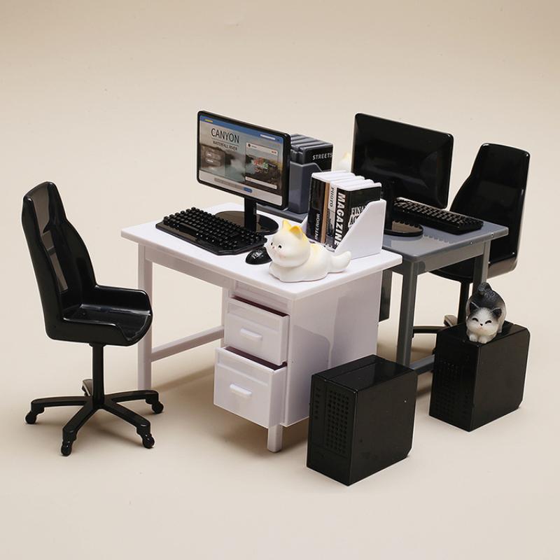 1 Set 1/12 Scale Dollhouse Miniature Furniture Kit With Computer Keyboard Desk Chair Miniature Scene Model Home Study Room Decor