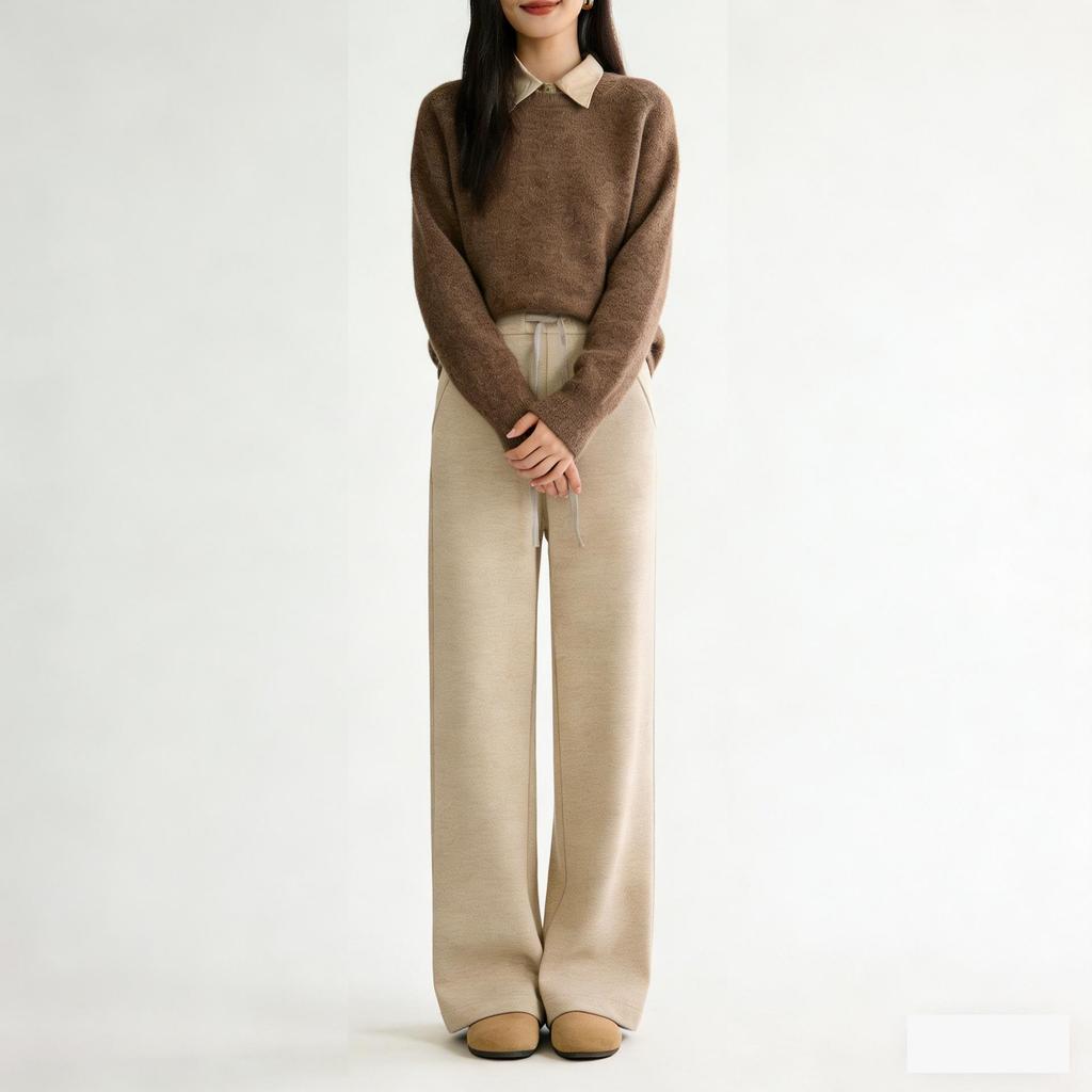 Spring Women's Silk Wool Wide-Leg Knit Pants: Loose, Drapey, Elastic, Soft, Double-Sided Texture.